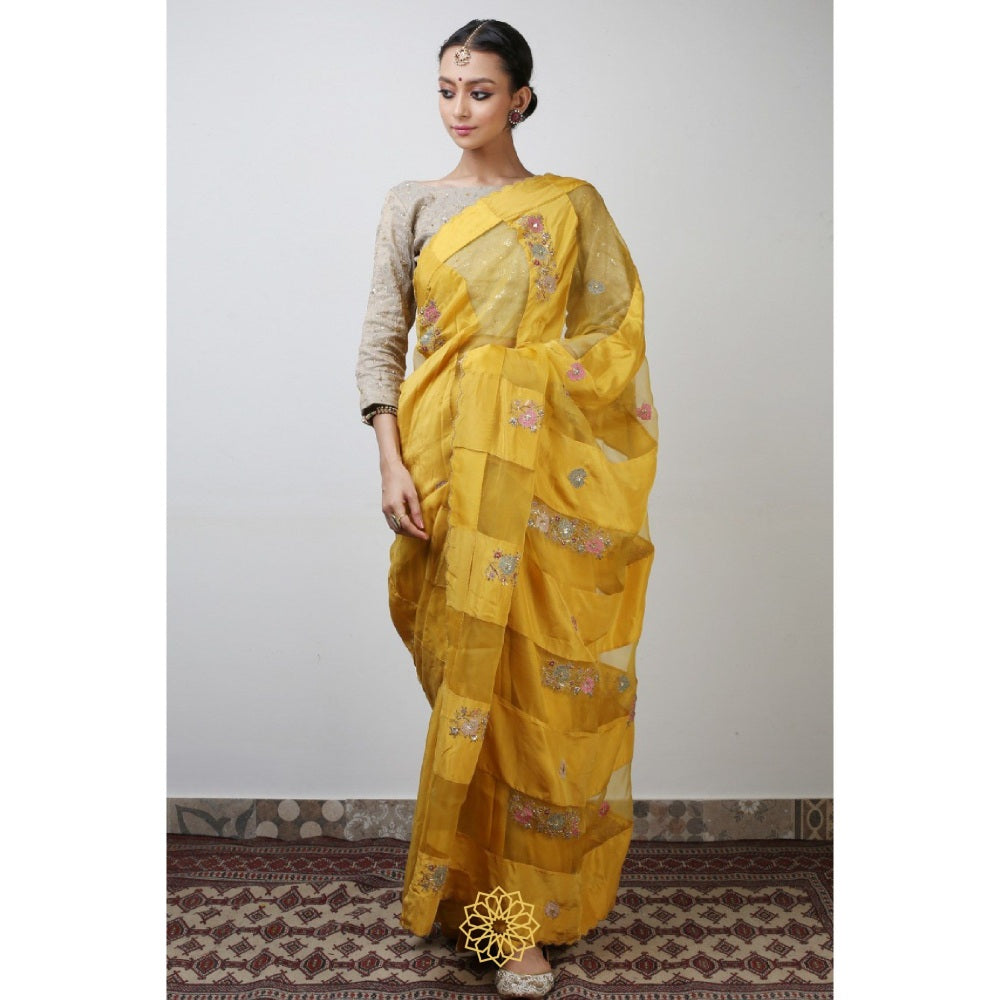 Rhua India Yellow Pavin Classical Saree with Stitched Blouse and Petticoat