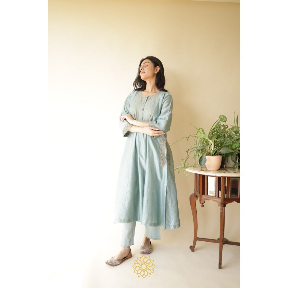 Rhua India Nimai Power Blue Straight Kurta with Pant and Dupatta (Set of 3)