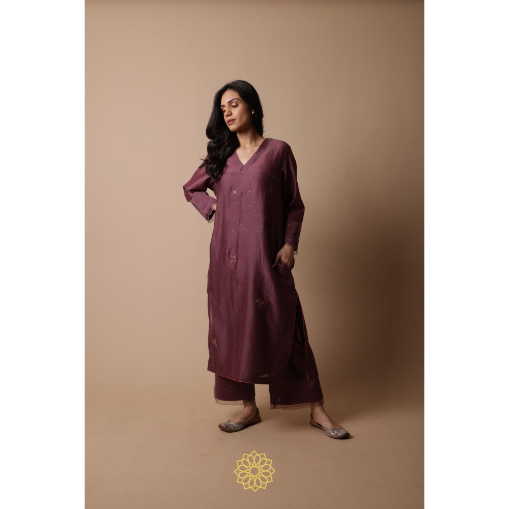 Rhua India Afsa-Mauve Straight Kurta with Palazzo and Dupatta (Set of 3)