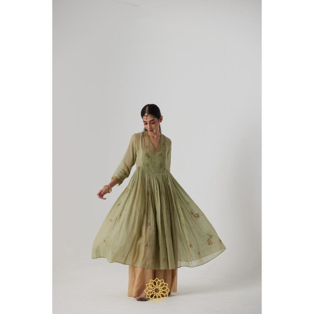 Rhua India Green Mihika Gathered Anarkali with Slip, Palazzo and Dupatta (Set of 4)