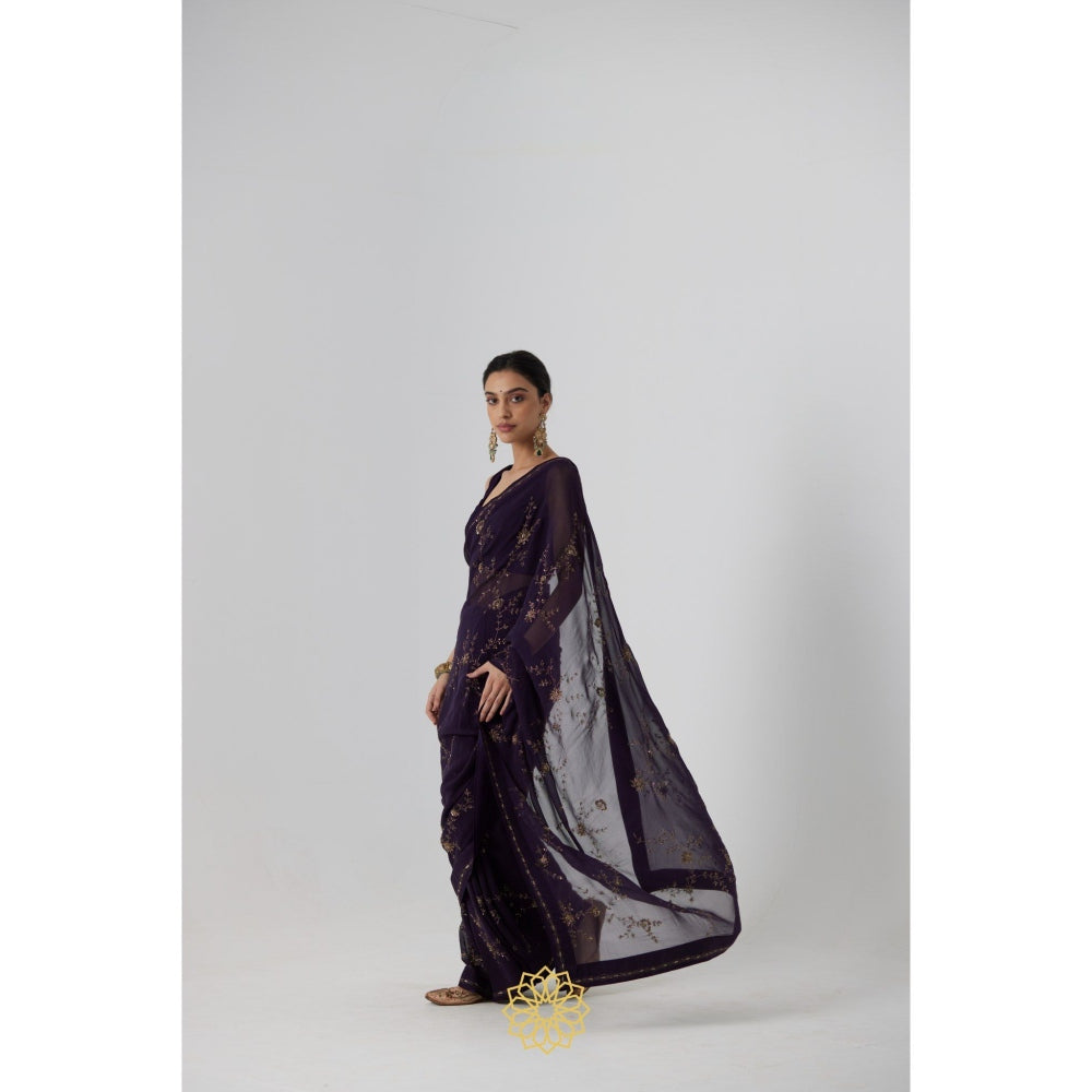 Rhua India Navy Blue Yutaka Classical Saree with Stitched Blouse and Petticoat