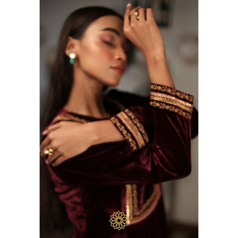 Rhua India Ruby Red Straight Kurta with Salwar and Dupatta (Set of 3)