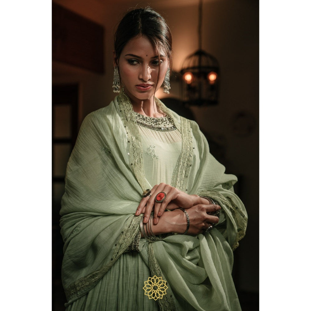Rhua India Pistachio Green Anarkali with Pant and Dupatta (Set of 3)