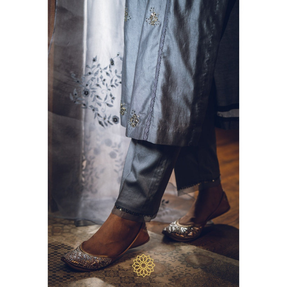Rhua India Sapphire Grey Straight Kurta with Pant and Dupatta (Set of 3)
