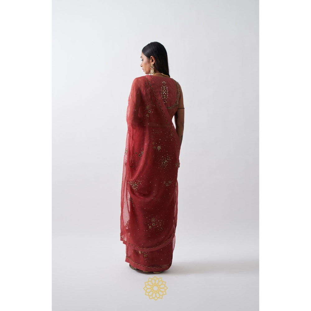 Rhua India Red Tarini Saree with Stitched Blouse and Petticoat