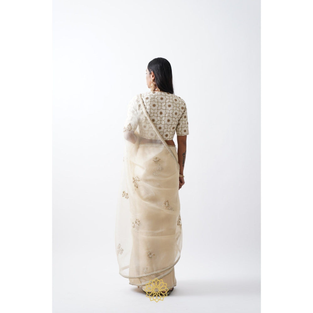 Rhua India White Avanti Classical Saree with Stitched Blouse and Petticoat