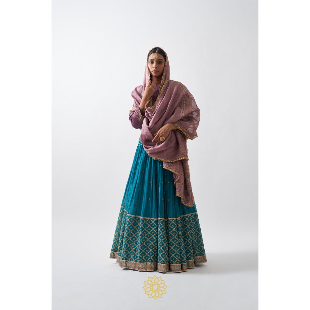 Rhua India Turquoise Mira Lehenga with Blouse and Dupatta (Set of 3)