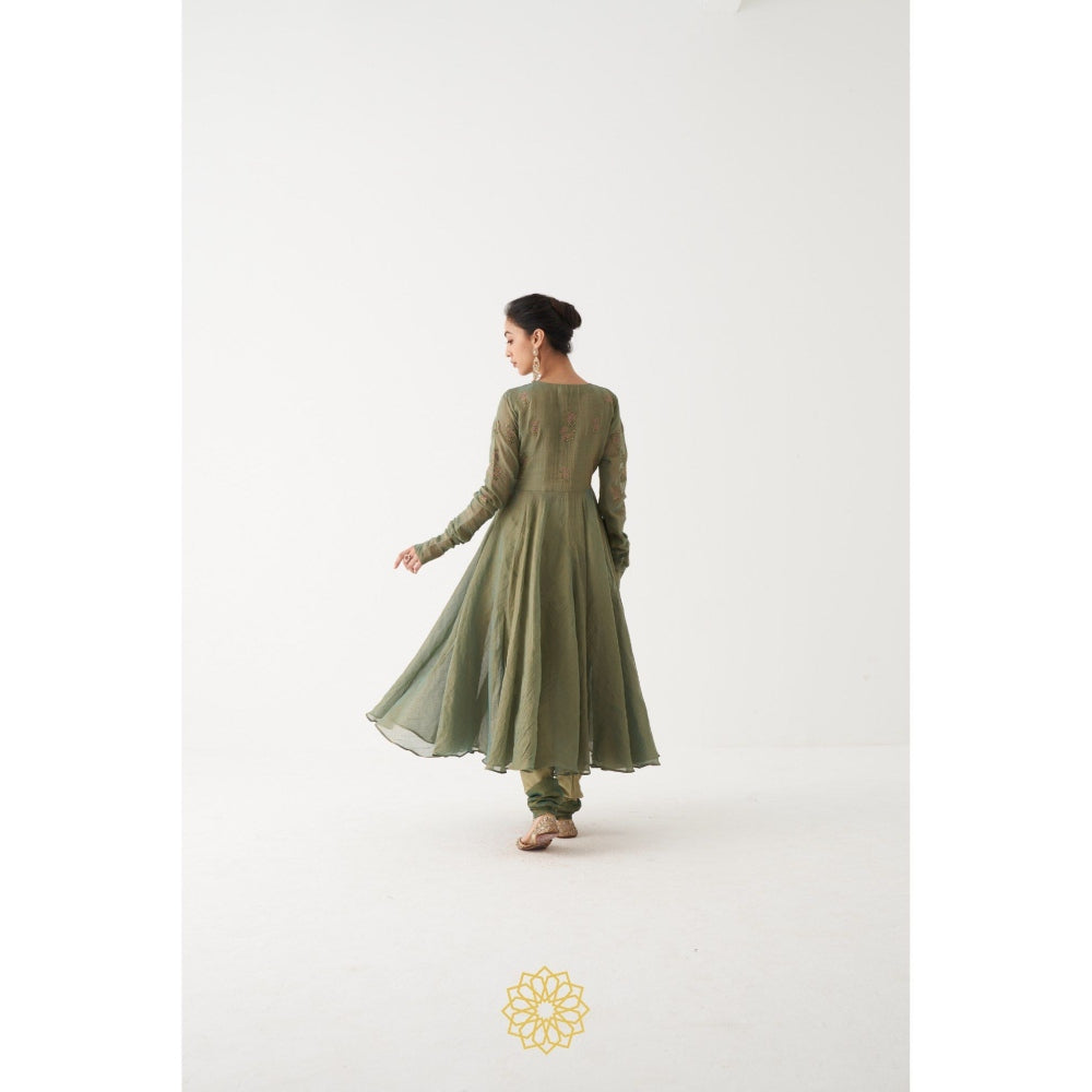 Rhua India Green Kiara Anarkali with Churidar and Dupatta (Set of 3)