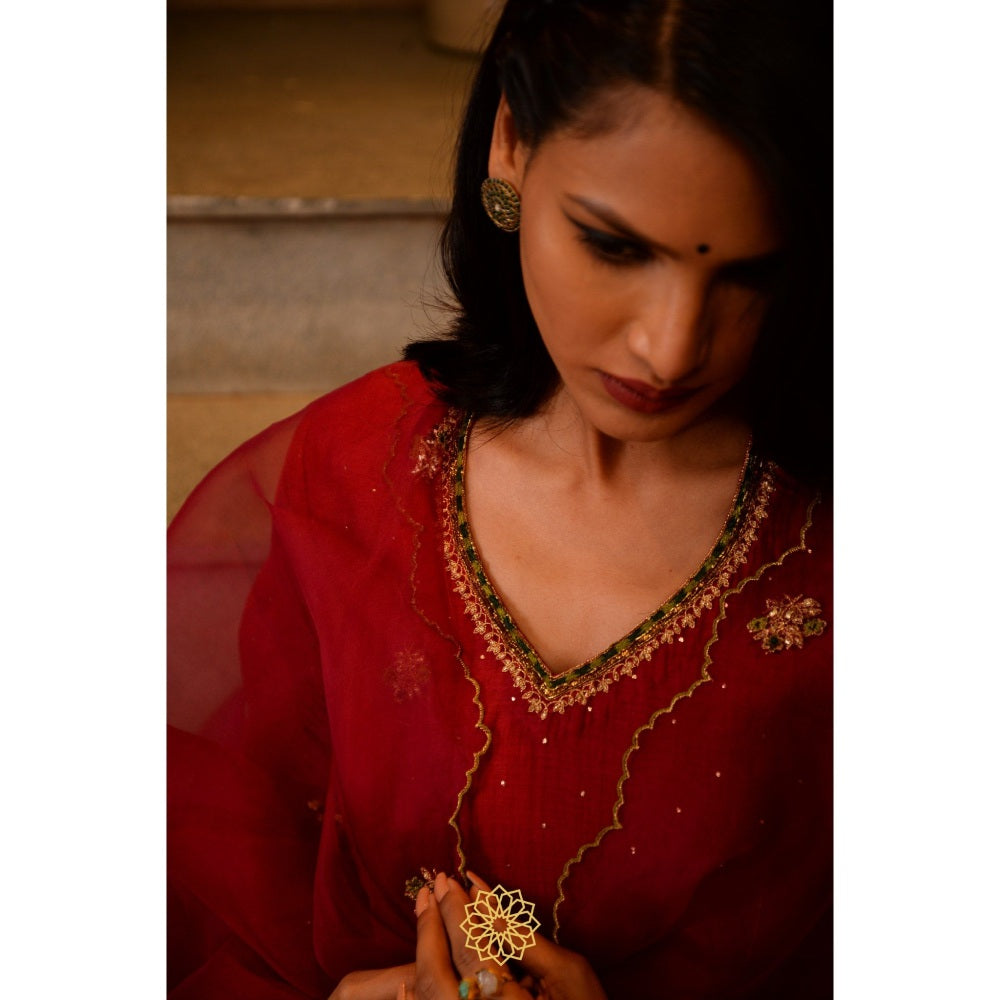 Rhua India Red Scarlet Anarkali with Churidar and Dupatta (Set of 3)