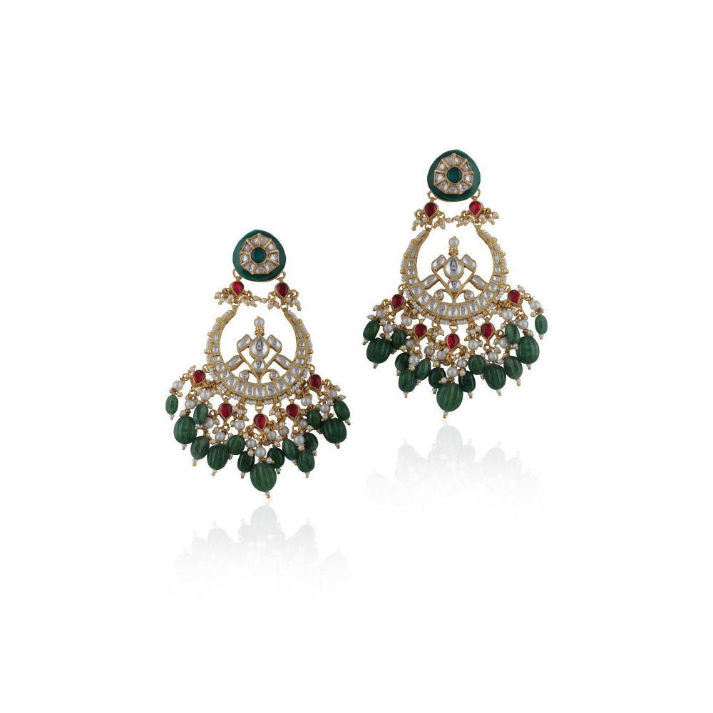 RIANA JEWELLERY Green & Pink Shape White Jadtar Chandbaali