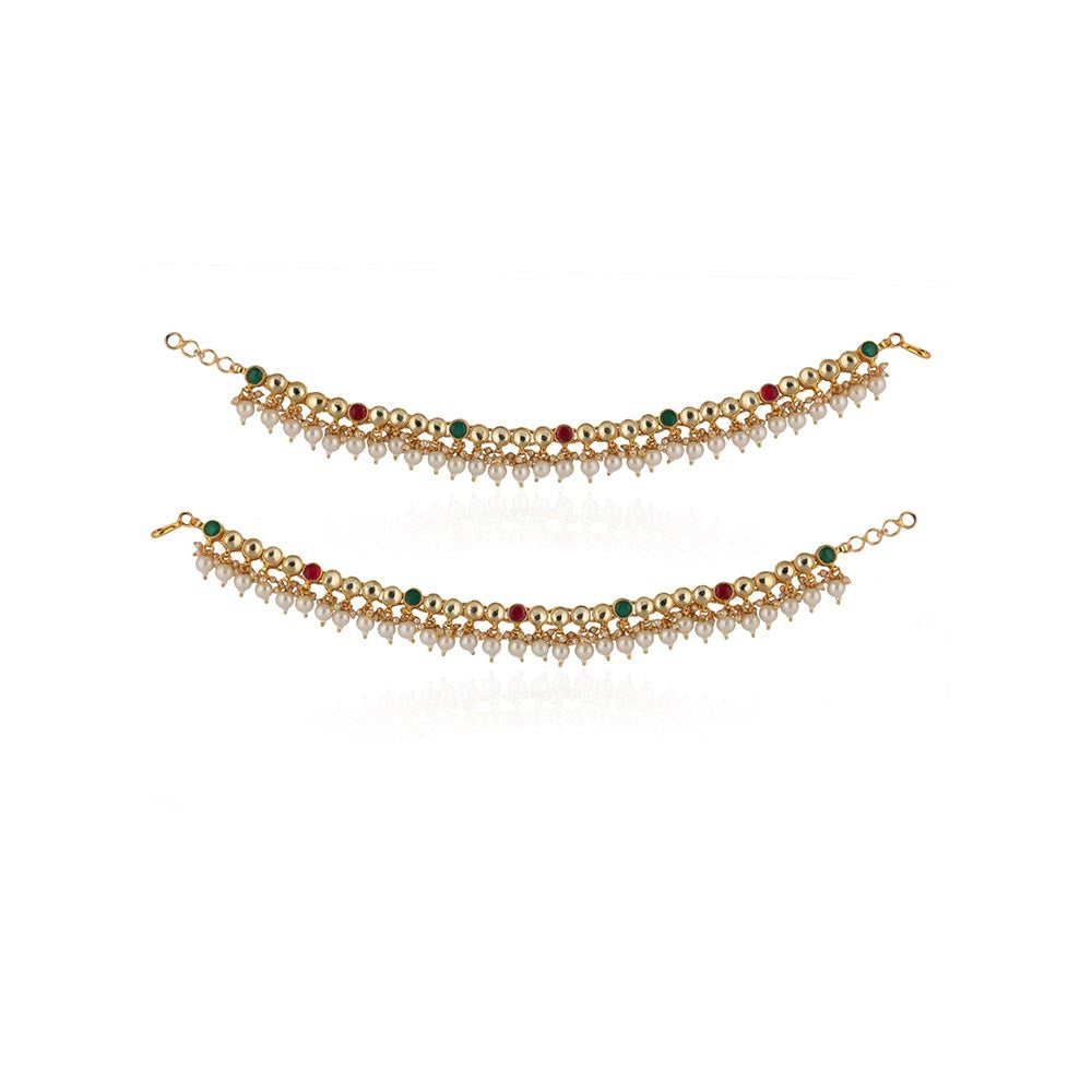 RIANA JEWELLERY Red & Green Pearl Beaded Payal