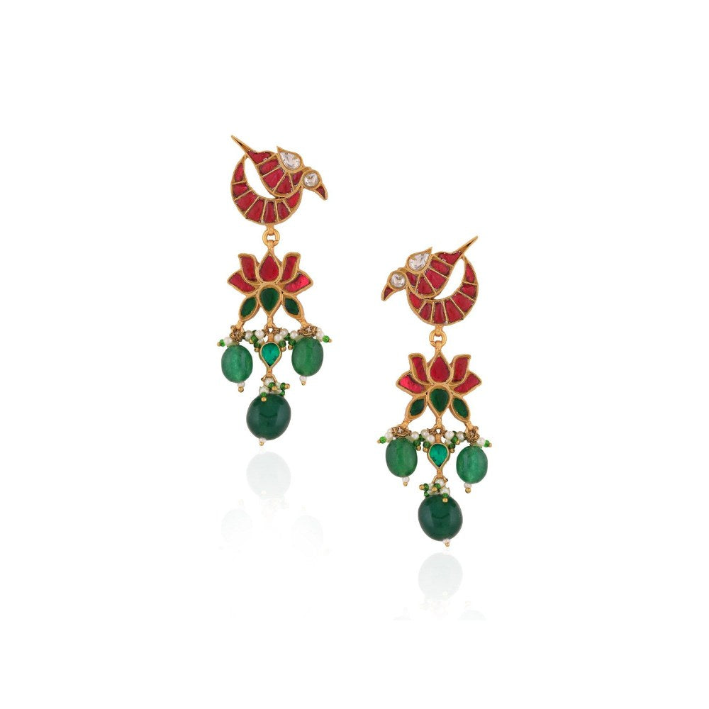 RIANA JEWELLERY Red & Green Peacock Design Earrings
