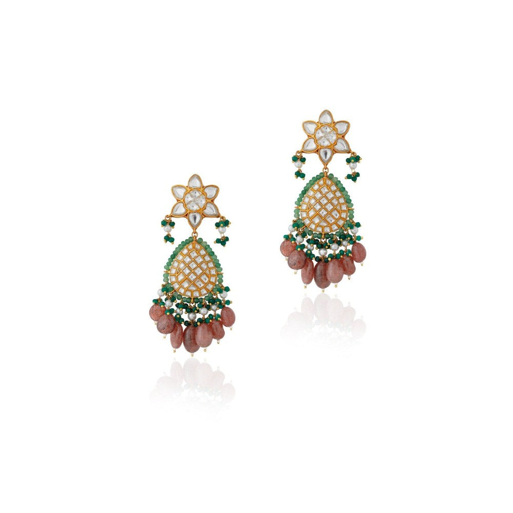 RIANA JEWELLERY 22Kt Gold Plated With Jadau Stone Pink Beaded Chand Bali Earrings