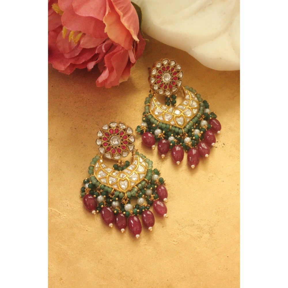 RIANA JEWELLERY Rani Pink Beaded With Sea Green Hangings Chand Bali