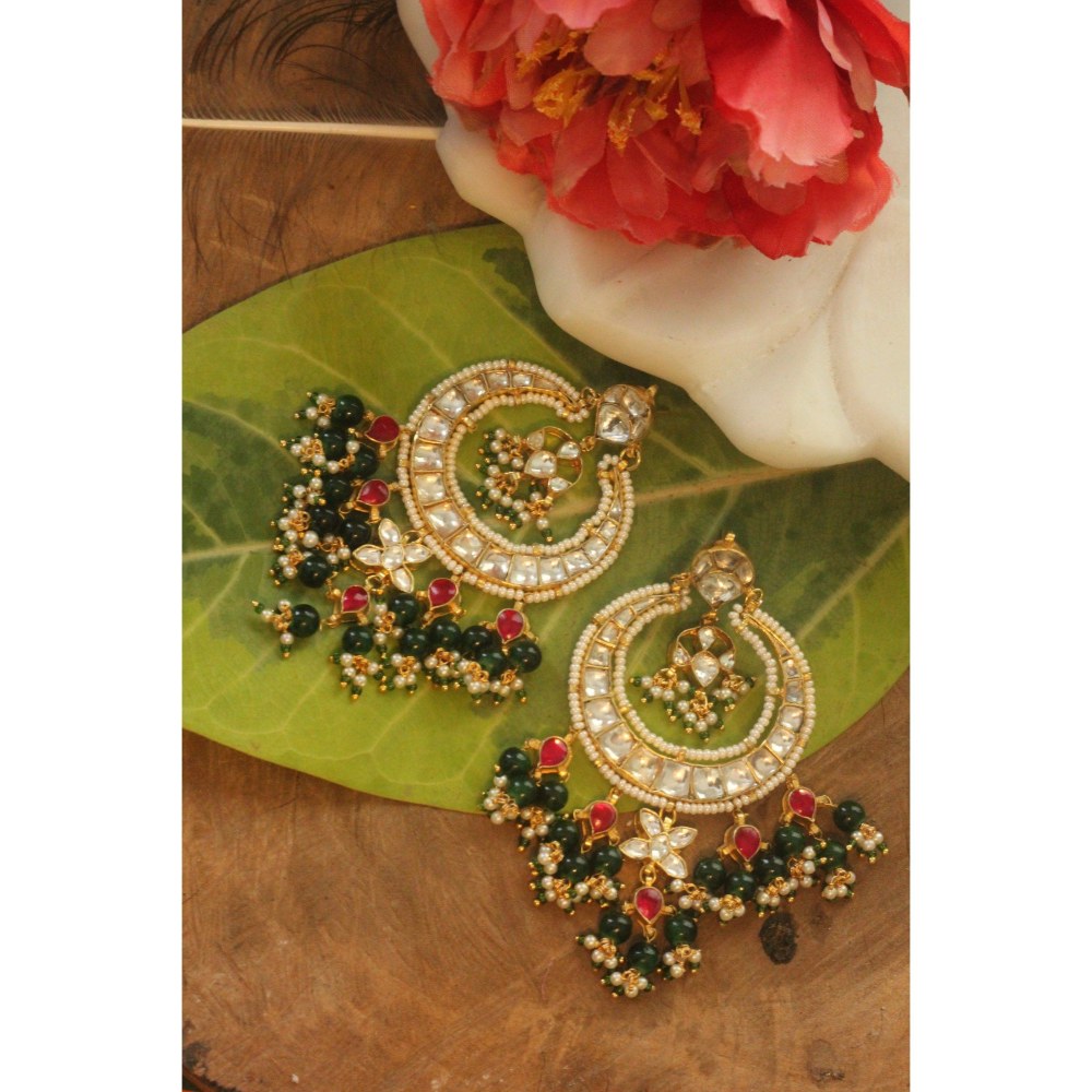 RIANA JEWELLERY Green Beaded White Jadtar Stone Chandbaali With Green Pink Hangings