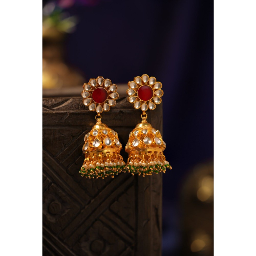 RIANA JEWELLERY Women Pink And Green Jadtar Jhumka With Green Hangings