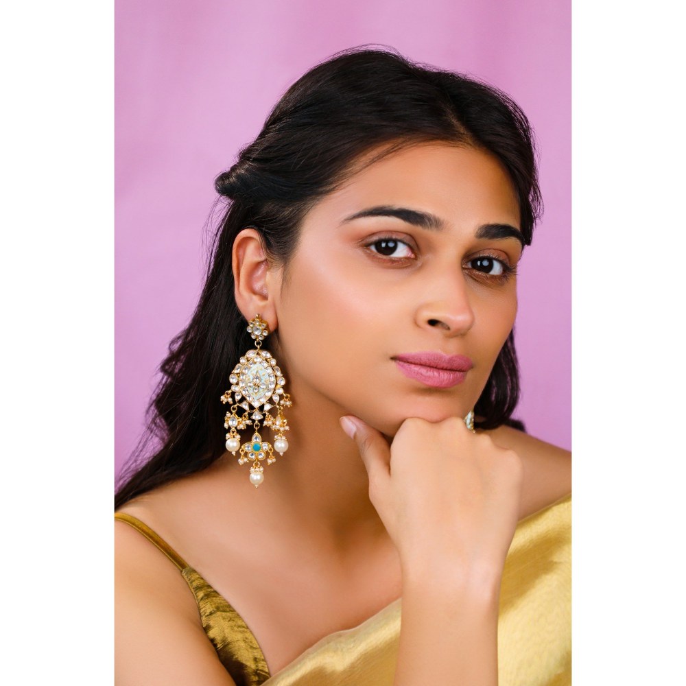 RIANA JEWELLERY Firozi Blue Pendant Necklace With Delicate Mina Work And Long Festive Wear Earrings