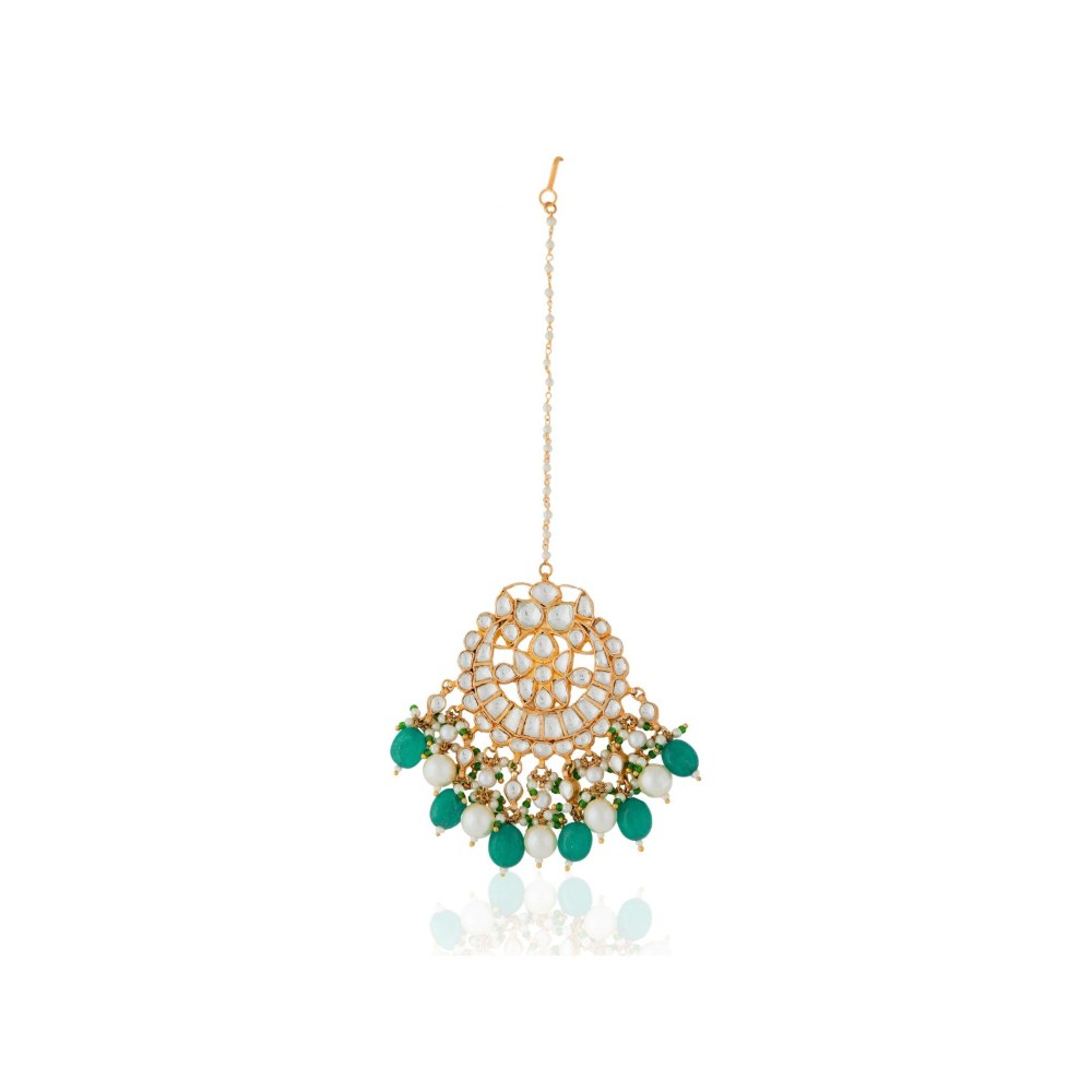 RIANA JEWELLERY Gold Finish Jadtar Green White Maang Tikka