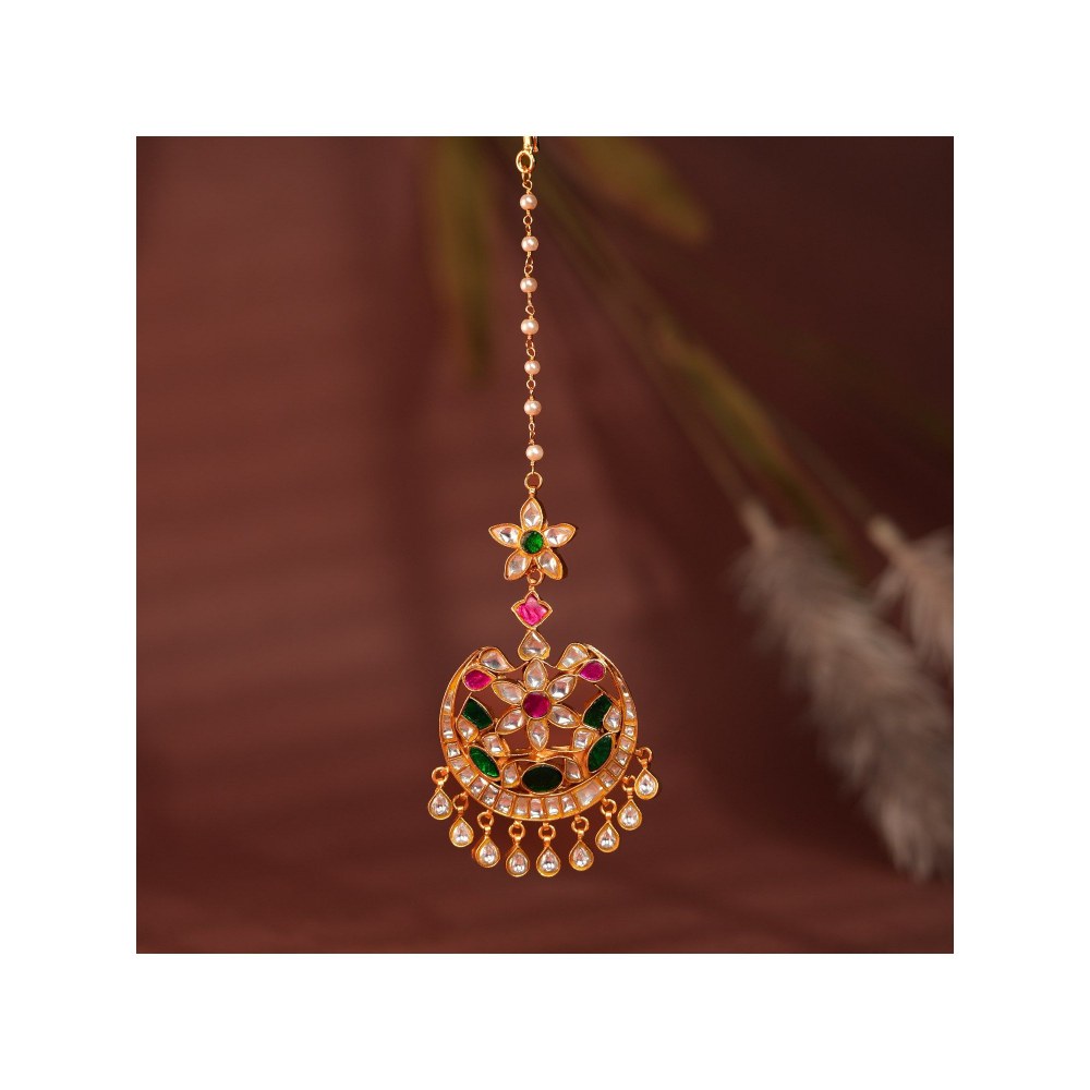 RIANA JEWELLERY Green Floral With Green Stone Work Maang Tikka