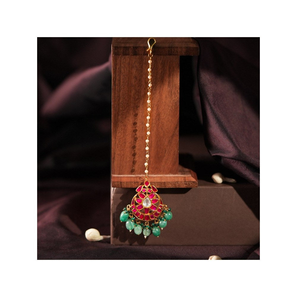RIANA JEWELLERY Pink Stone With White Pearl Maang Tikka