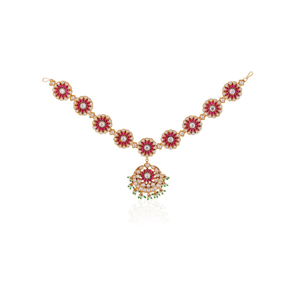 RIANA JEWELLERY Rajasthani Royal Pink Green Uniquely Handcrafted Jadau Matha Patti