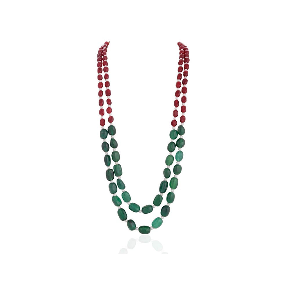 RIANA JEWELLERY Ruby Tumble Beads And Emerald Green Beads Necklace Maala