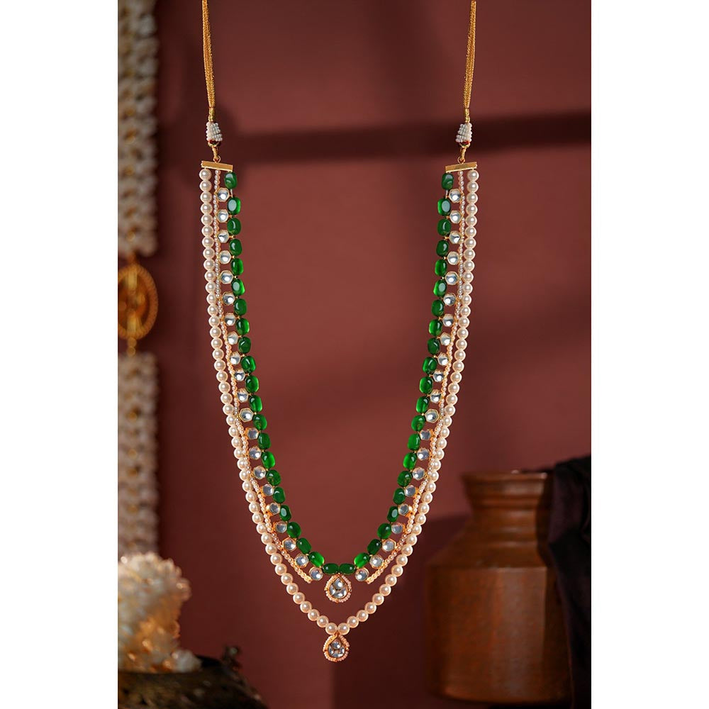 RIANA JEWELLERY Emerald Green Beads With White Jadtar Stone And Pearl Two Layered Necklace