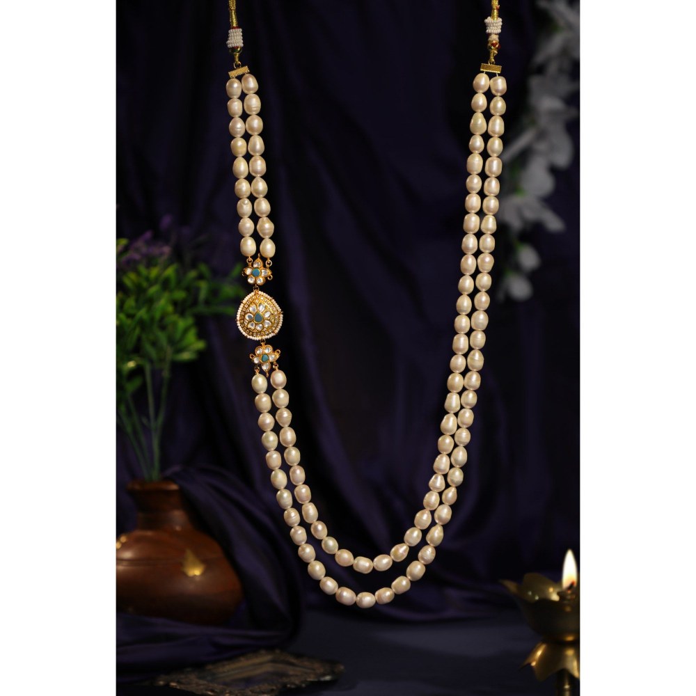 RIANA JEWELLERY Delicate 2 Line Maala Necklace With Side Pendant And A Little Touch Of Blue