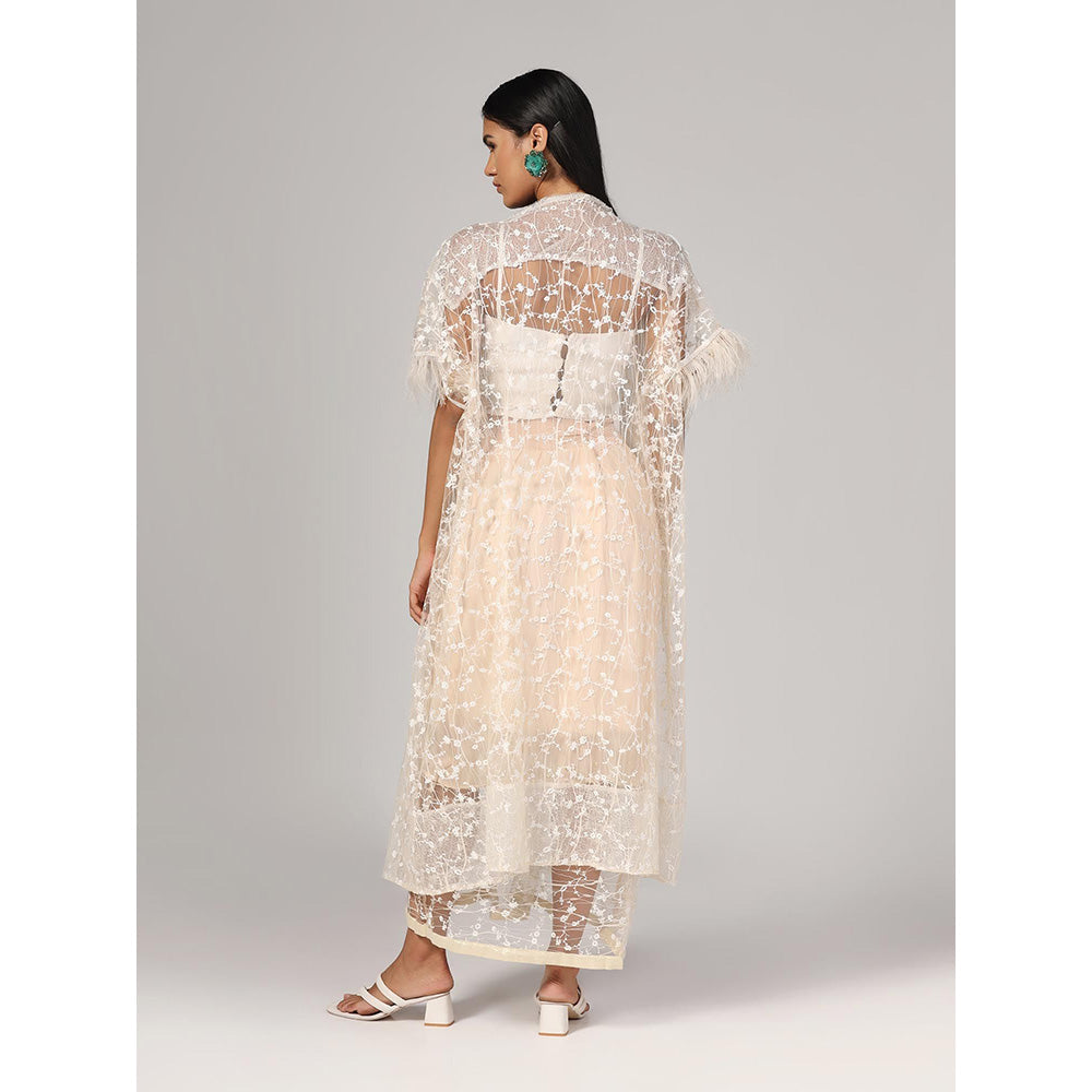 RINA DHAKA Women'S Peach Embroidered Cape with Top and Skirt (Set of 3)