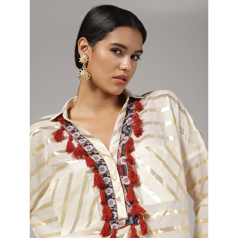RINA DHAKA Women'S Cream Stripes Tassel Co-Ord (Set of 2)
