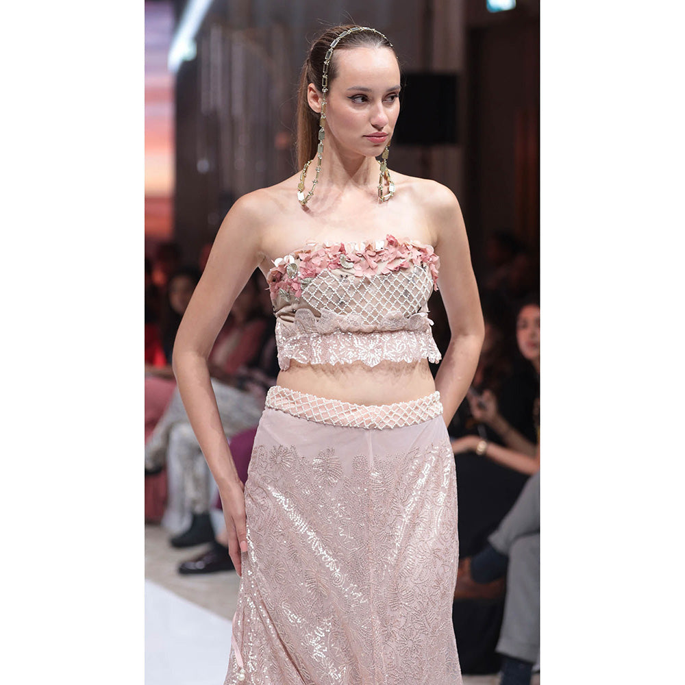 RINA DHAKA Baby Pink Vintage Sequin Skirt with Crop Top