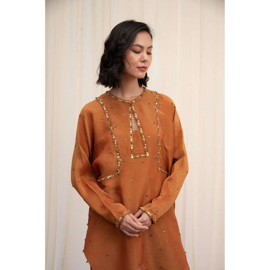 RIRASA Brown Embroidered Kurta with Pant (Set of 2)