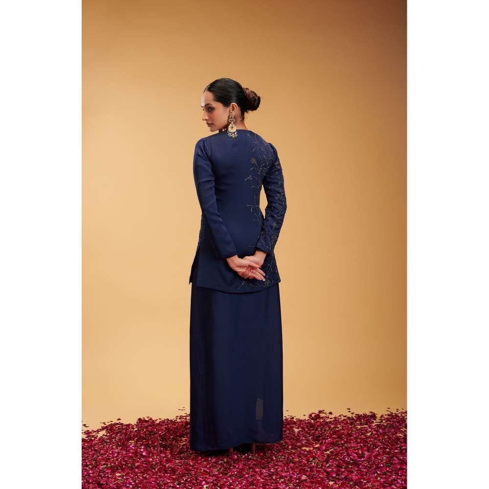 RIRASA Navy Blue Embroidered Short Kurta with Skirt and Dupatta (Set of 3)