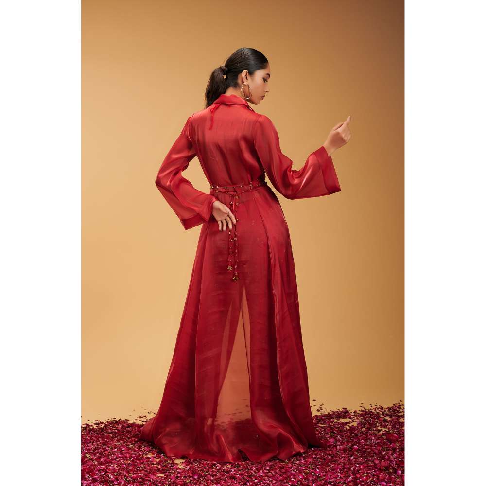 RIRASA Red Beads & Stones Bustier with Pant and Jacket (Set of 3)