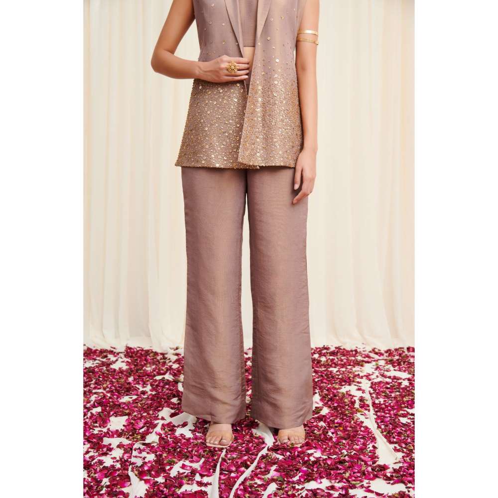 RIRASA Beige Crop Top with Pant and Jacket (Set of 3)