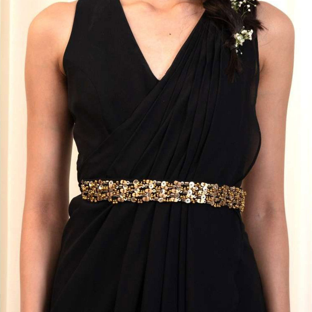 RIRASA Black V Neck Sleeveless Georgette Maxi Dress with Belt (Set of 2)