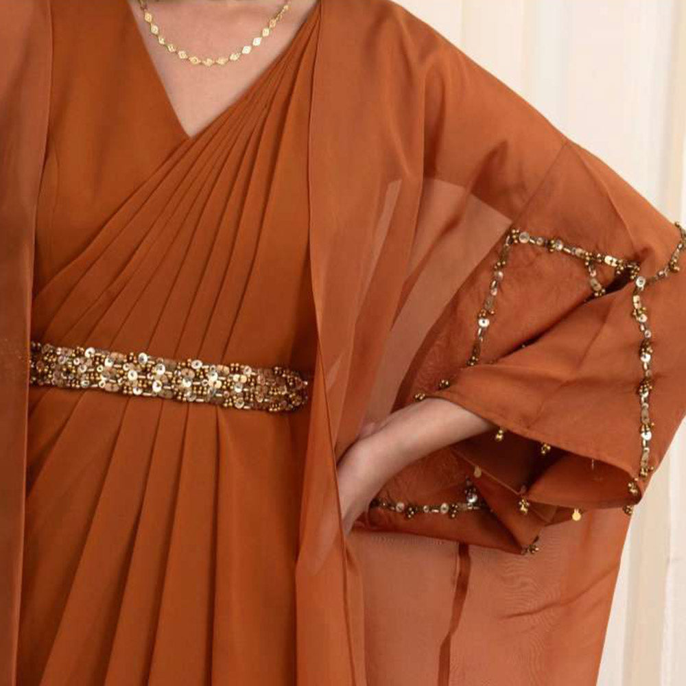 RIRASA Mustard Cape with V-Neck Georgette Maxi Dress and Belt (Set of 3)