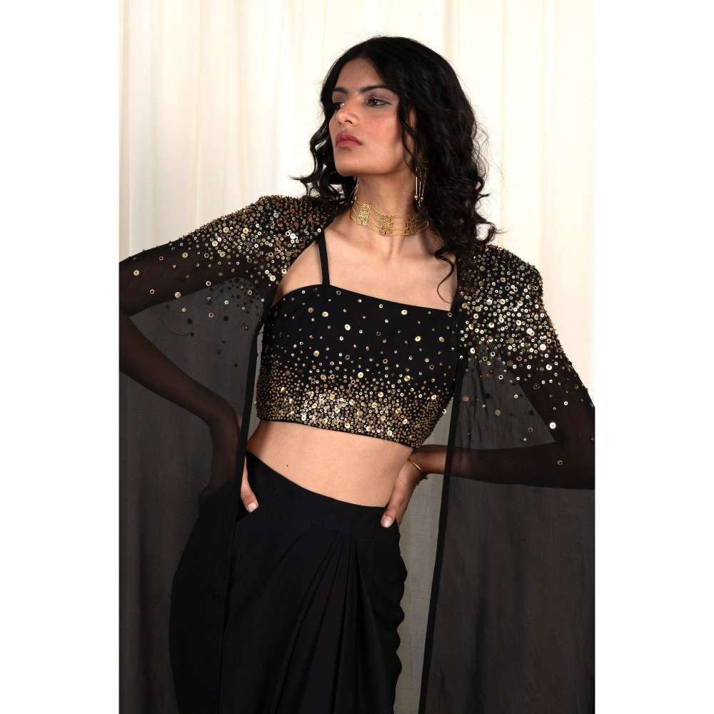 RIRASA Black Skirt with Cape and Embroidered Blouse (Set of 3)