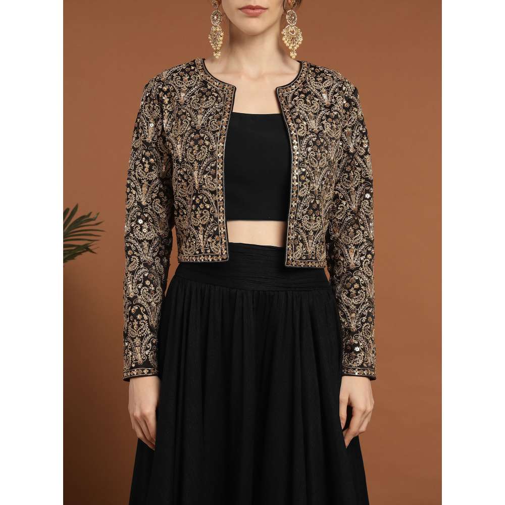 RIRASA Punyah Satin and Silk Black Lehenga with Bustier and Jacket (Set of 3)