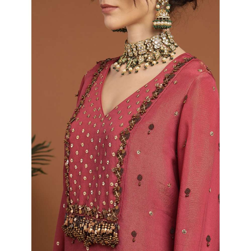 RIRASA Shareshhtha Tissue Coral Kurta with Pant (Set of 2)