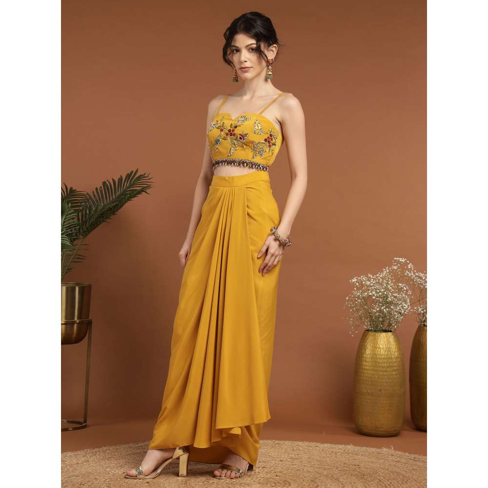 RIRASA Madana Crepe Yellow Bustier with Skirt and Cape (Set of 3)