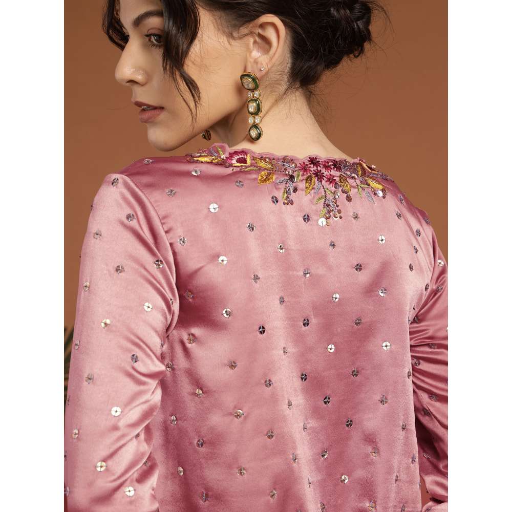 RIRASA Ananta Satin Pastel Pink Kurta with Drape Skirt (Set of 2)