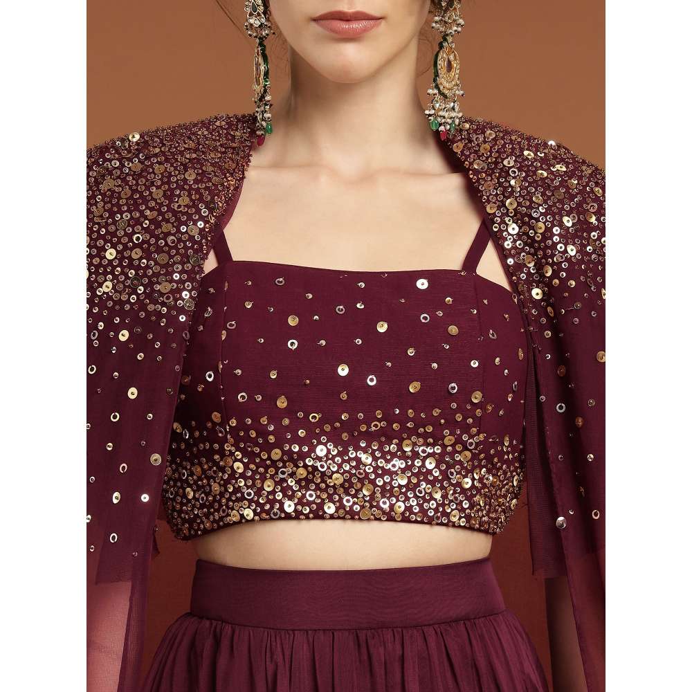 RIRASA Shyam Organza and Net Wine Lehenga with Bustier and Cape (Set of 3)