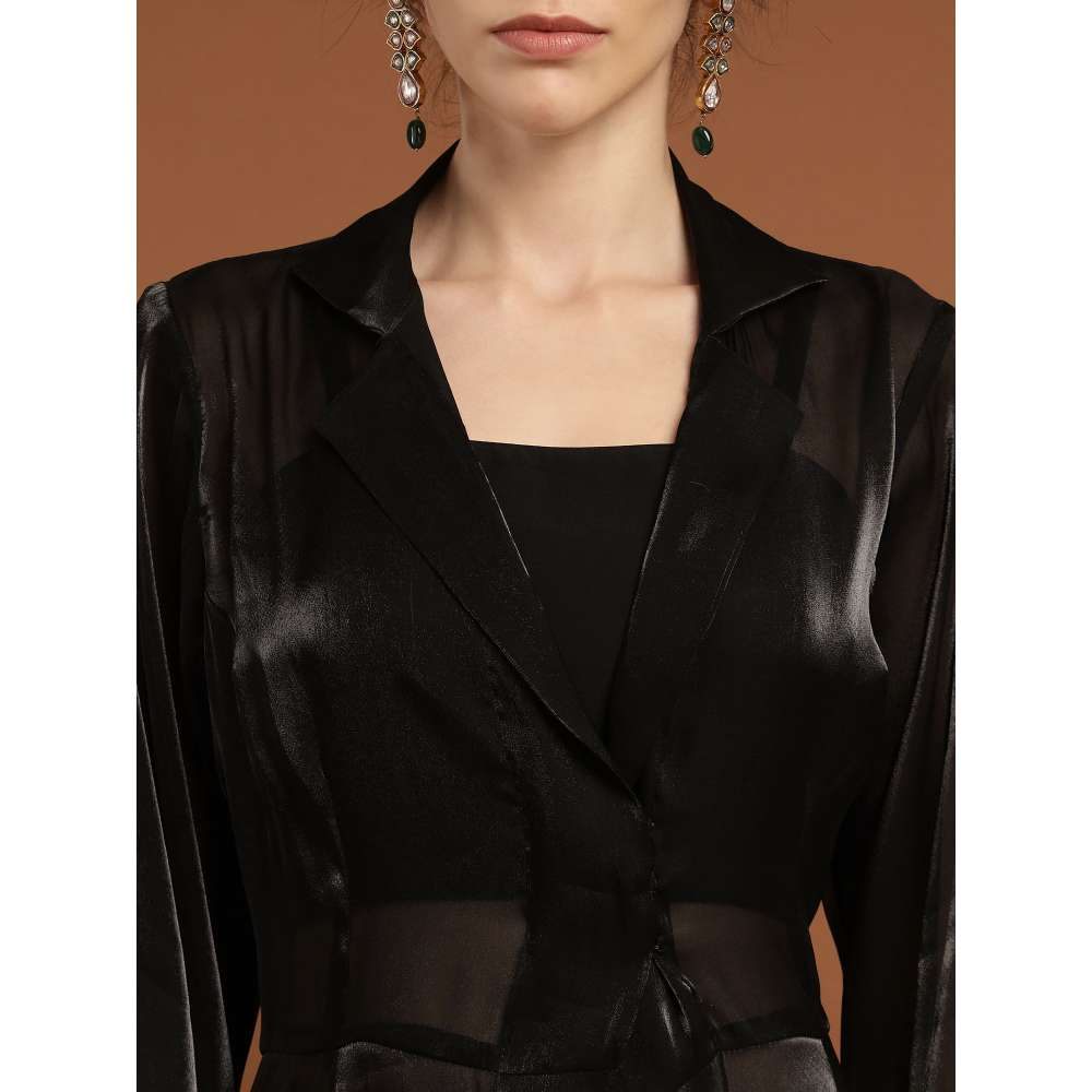RIRASA Keshava Shimmer Organza Black Ghungaroo Bralette with Pant, Bustier and Cape (Set of 4)