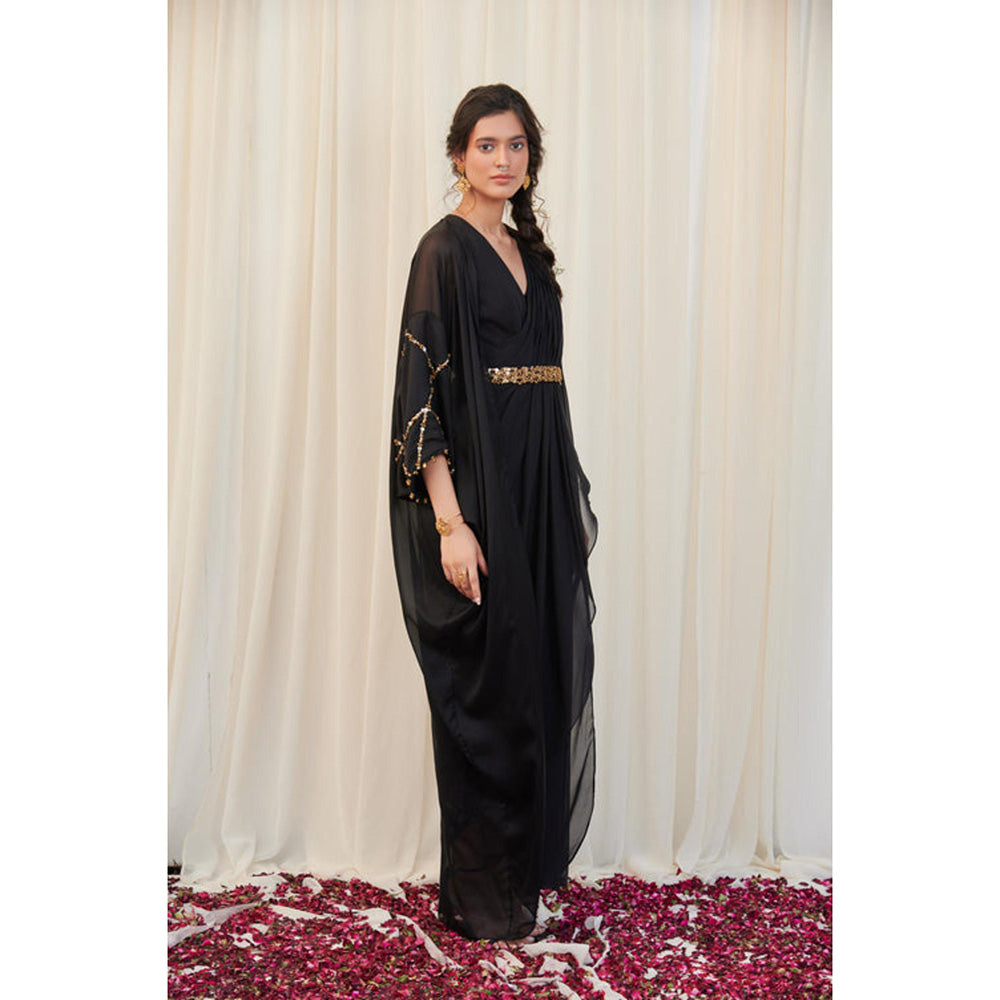 RIRASA Sampata Set Black Drape Dress With Embroidered Belt And Cape