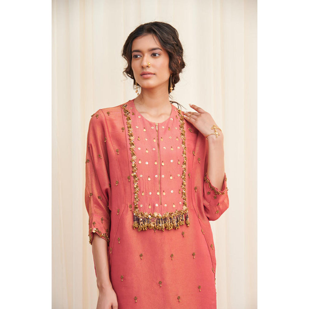 RIRASA Mayurakhya Pink Embroidered Tissue Kurta With Pants