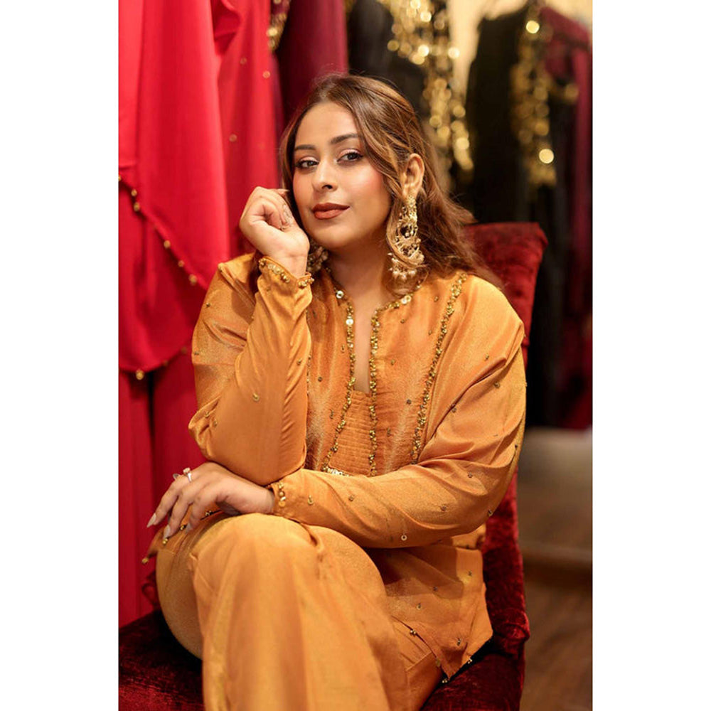 RIRASA Mayur Mustard Embroidered Tissue Kurta With Pants