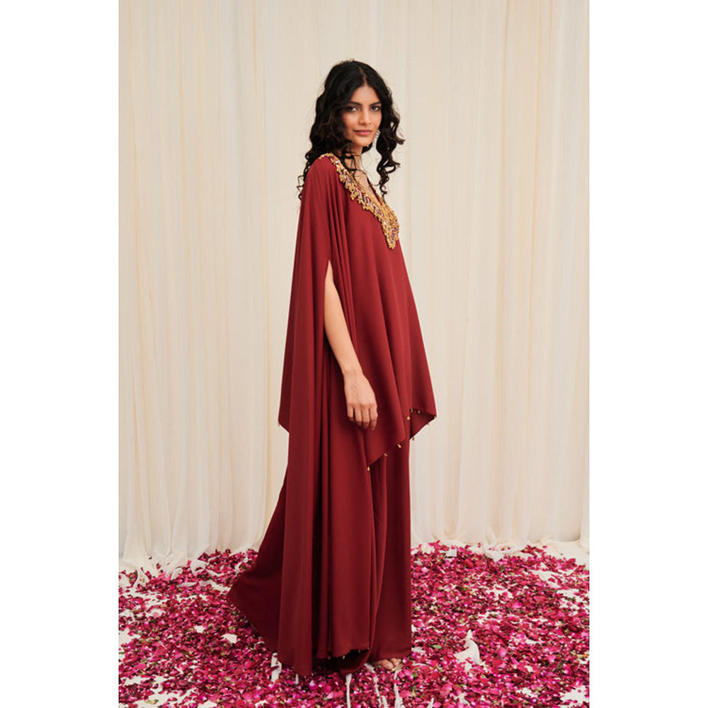 RIRASA Bhramara Maroon Hand Embroidered Voluminous Cape With Sharara