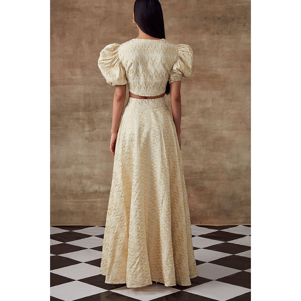 RISHI & VIBHUTI Periwinkle Geometrical Blouse & Skirt Ivory (Set of 2)