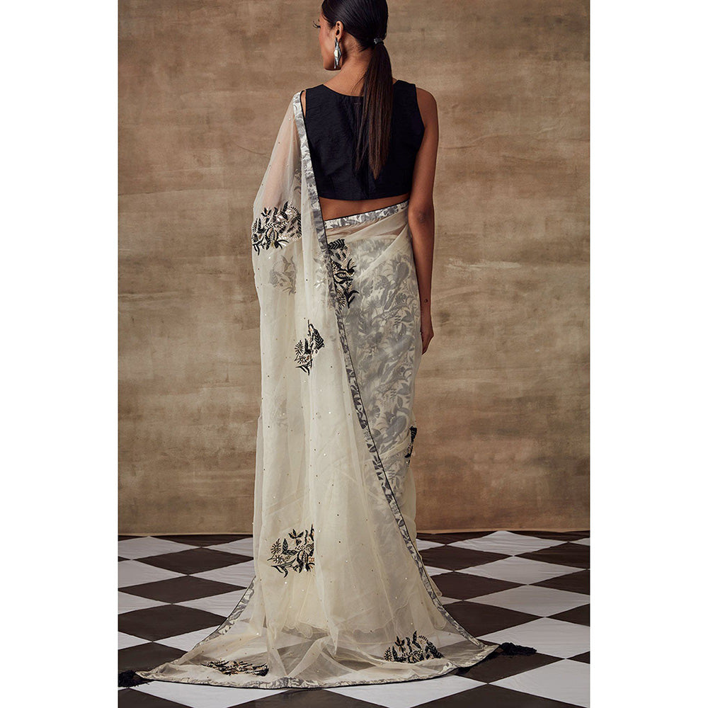 RISHI & VIBHUTI Nm Six Yards Organza Saree Ivory with Stitched Blouse